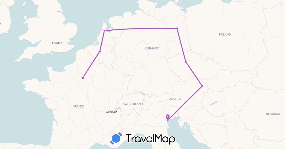 TravelMap itinerary: train in Austria, Belgium, Czech Republic, Germany, France, Italy, Netherlands (Europe)
